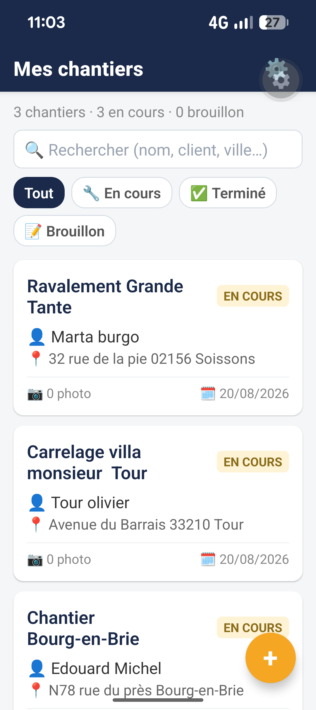 Liste des chantiers